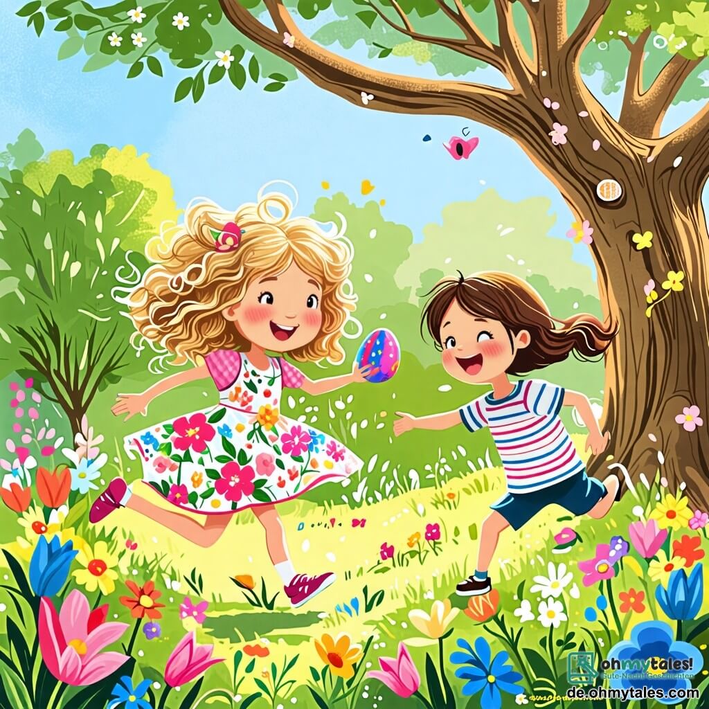 Une illustration sous forme de dessin destinée aux enfants représentant un jardin enchanté au printemps, rempli de fleurs colorées et d'un grand arbre majestueux, où une fille de 8 ans aux cheveux bouclés et blonds, portant une robe à fleurs, court joyeusement derrière un œuf coloré qui saute, tandis qu'à ses côtés, une autre fille de 8 ans aux cheveux bruns et lisses, vêtue d'un t-shirt rayé, rit en essayant de rattraper l'œuf, illustrant leur quête magique pour découvrir les œufs de Pâques cachés dans ce lieu féerique.