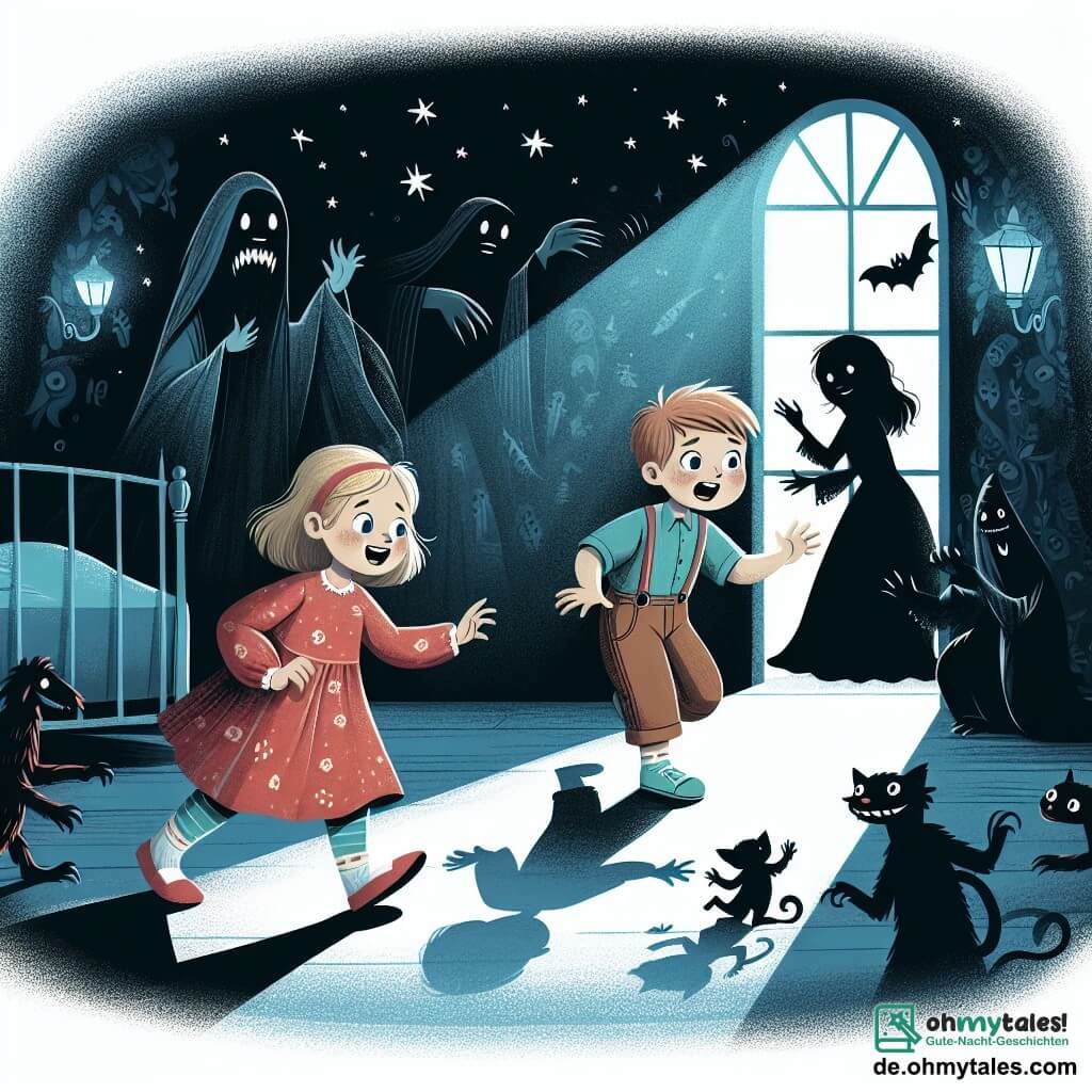 Une illustration destinée aux enfants représentant une petite fille pleine de curiosité, confrontée à sa peur du noir, accompagnée de sa meilleure amie, une fille joyeuse et pleine d'énergie, dans une chambre sombre remplie de mystères et d'ombres dansantes.