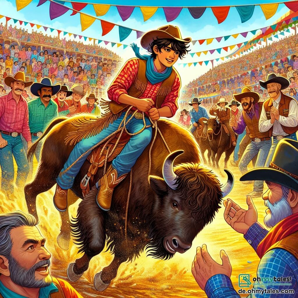 Eine lebendige und farbenfrohe Rodeo-Arena, umgeben von begeisterten Zuschauern. Der Boden ist mit goldenem Staub bedeckt, und bunte Fahnen wehen im Wind und verleihen der Atmosphäre eine festliche Note. In der Mitte der Arena reitet ein junger Mann, etwa 20 Jahre alt, mit einem großen Cowboyhut und einem roten karierten Hemd auf einem wilden Bison. Er hat zerzauste braune Haare und ein entschlossenes Lächeln im Gesicht. Sein Blick ist konzentriert, und er hält die Zügel fest, bereit für die Herausforderung. Im Hintergrund beobachtet eine Gruppe von mittelalten Cowboys mit sonnengegerbten Gesichtern und Lederkleidung bewundernd. Einer von ihnen, ein bärtiger Mann von etwa 40 Jahren, hebt die Arme zur Ermutigung, während ein anderer, ein junger Mann von etwa 25 Jahren, begeistert applaudiert. Die Hauptsituation zeigt den jungen Cowboy, der den Bison herausfordert, umgeben von einer jubelnden Menge, die eine elektrisierende Atmosphäre schafft. Staubwolken steigen um den Bison auf, und die Sonne scheint intensiv am blauen Himmel, was die Energie dieses aufregenden Moments verstärkt.