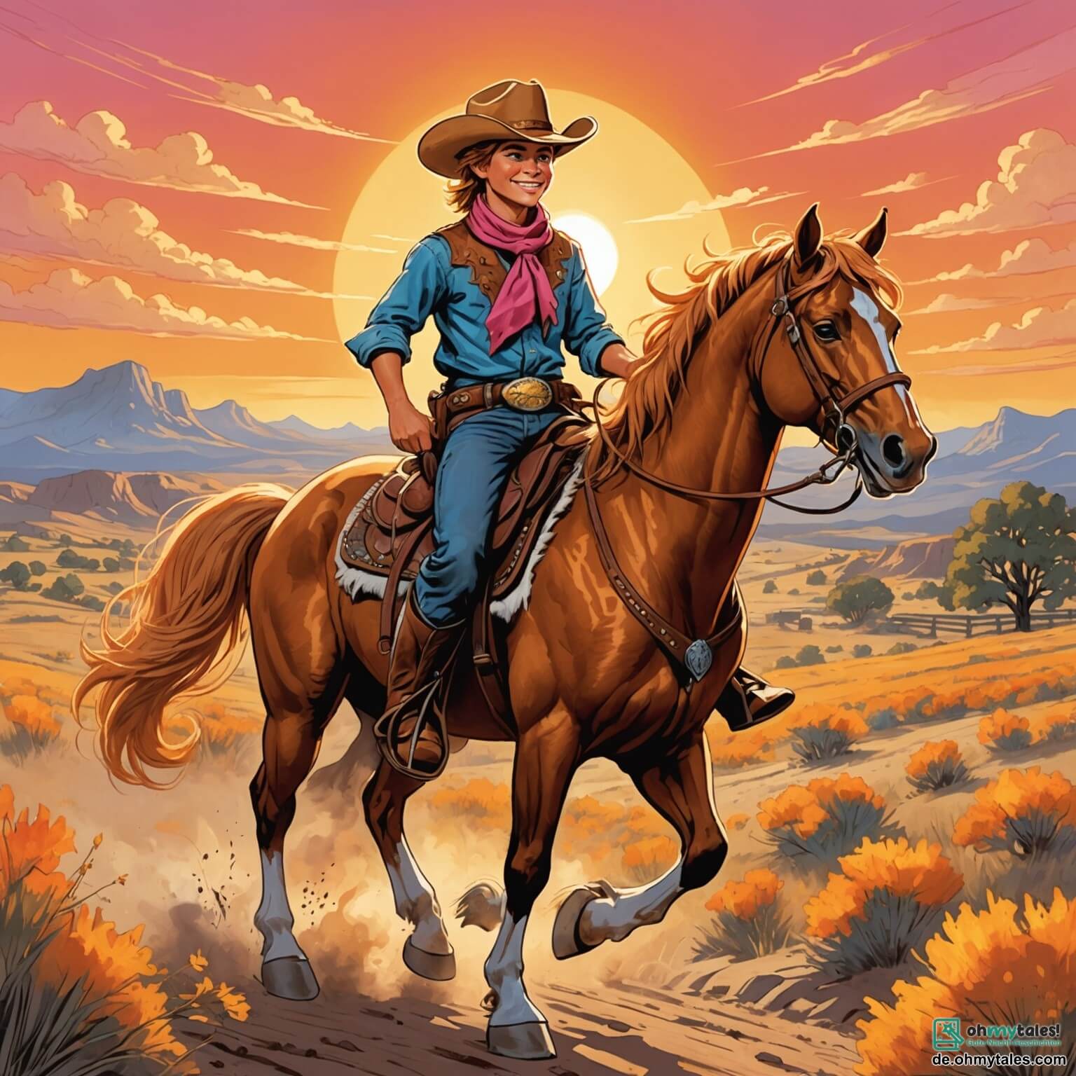 Une illustration destinée aux enfants représentant un jeune cowboy intrépide, un garçon au sourire éclatant et aux yeux pétillants de courage, chevauchant son fidèle cheval doré à la crinière flamboyante à travers les vastes prairies dorées de Silver Creek, où le soleil couchant embrase le ciel de teintes oranges et roses, tandis qu'il se prépare à affronter des bandits menaçants, entouré de l'ombre protectrice du shérif, un homme robuste au visage buriné et à la voix autoritaire, et d'une nouvelle amie, une fille au regard curieux et à la chevelure brune, tous trois évoluant dans un décor de montagnes majestueuses et de cactus dressés, témoins silencieux de cette aventure palpitante.