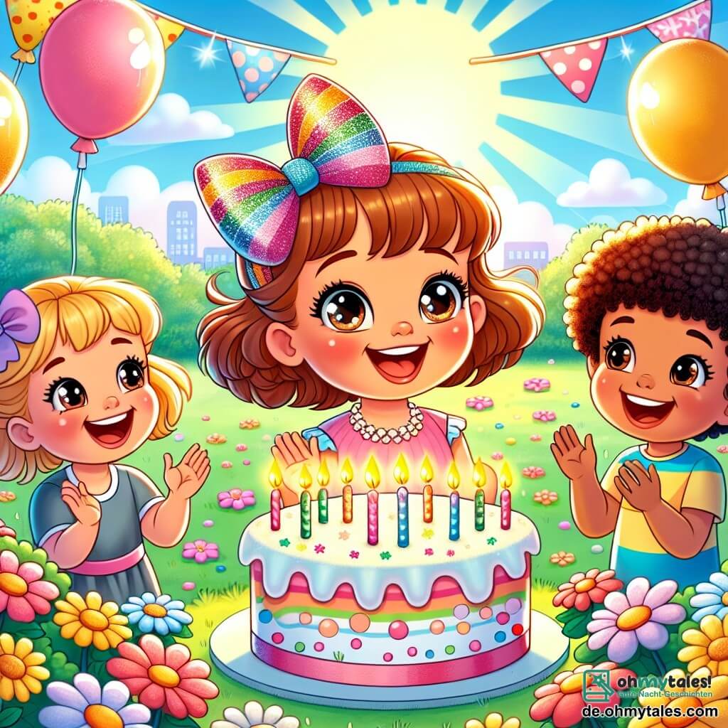 Une illustration sous forme de dessin destinée aux enfants représentant un parc ensoleillé, rempli de fleurs colorées et de ballons flottants, où une petite fille de 5 ans avec de grands yeux pétillants et une énorme boucle colorée dans les cheveux, sourit joyeusement en tenant un grand gâteau d'anniversaire décoré de bougies, entourée de ses amis, un garçon aux cheveux bouclés et une fille avec des tresses, tous deux riant et applaudissant, alors qu'ils célèbrent ensemble un anniversaire magique avec des jeux et des rires.
