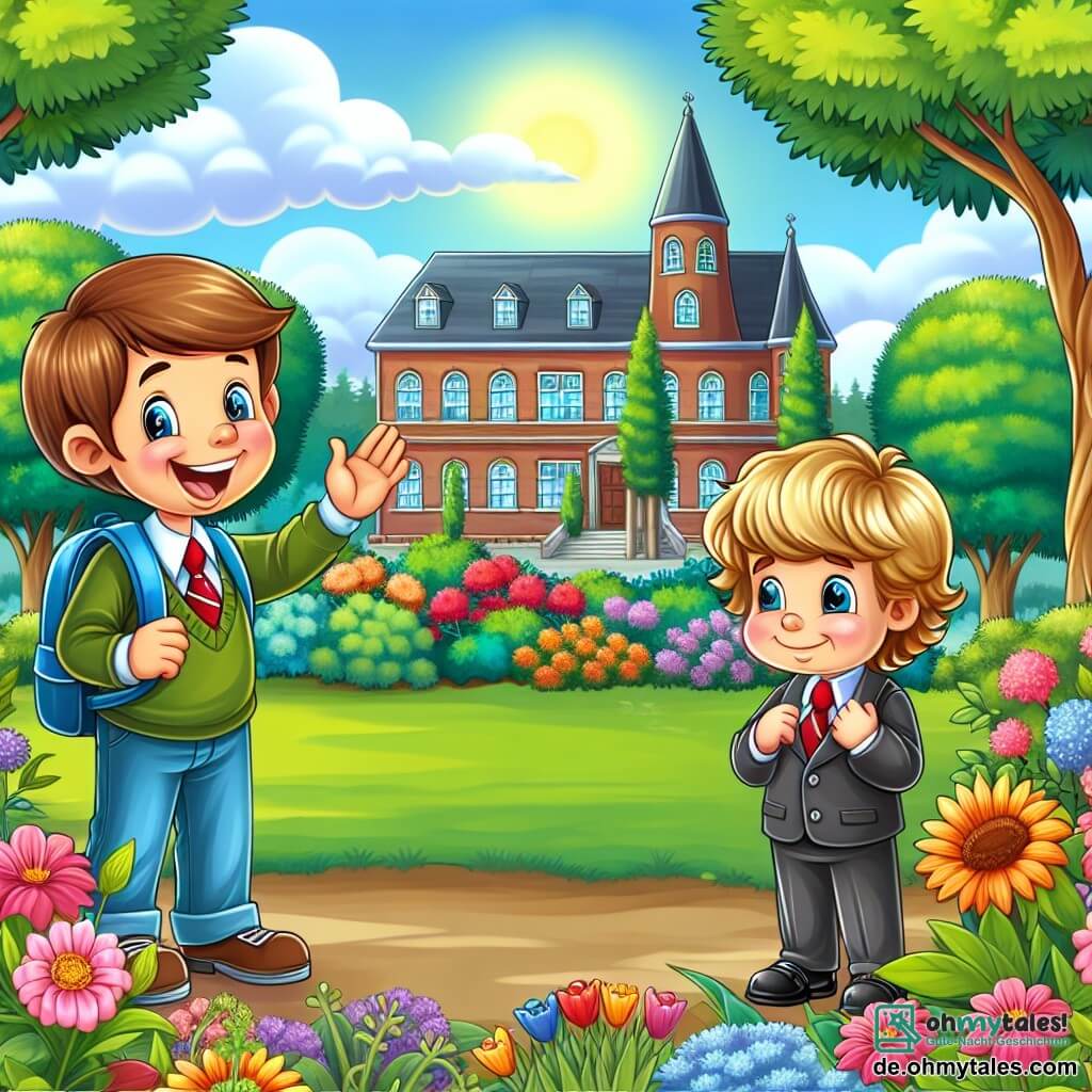 Une illustration destinée aux enfants représentant un garçon curieux et joyeux, un nouvel élève timide et un magnifique jardin d'école rempli de fleurs colorées et d'arbres majestueux.