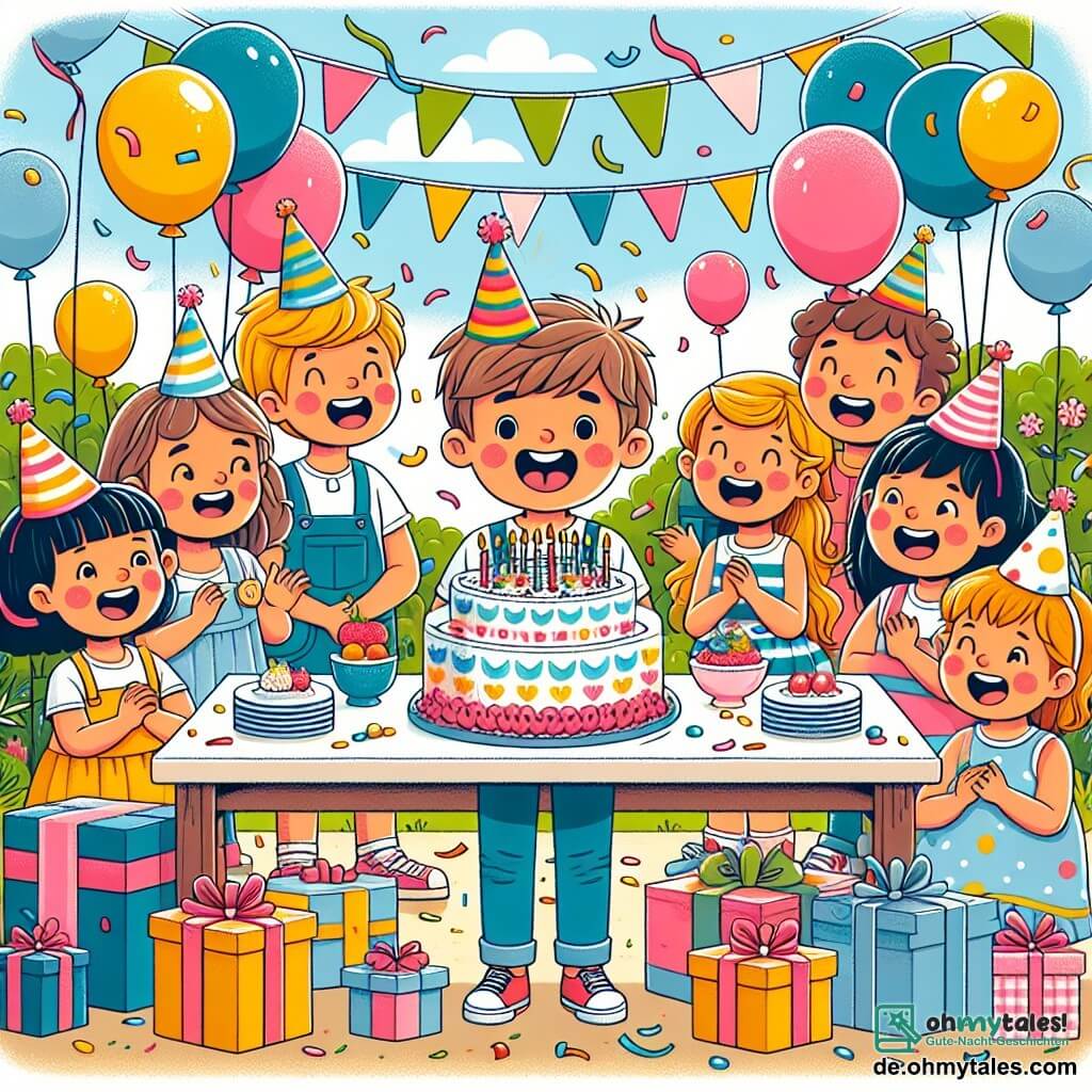 Une illustration destinée aux enfants représentant un petit garçon excité, entouré de ses amis et de sa famille, célébrant son anniversaire dans un jardin ensoleillé rempli de ballons colorés, guirlandes et une grande table décorée de gâteaux et de cadeaux.
