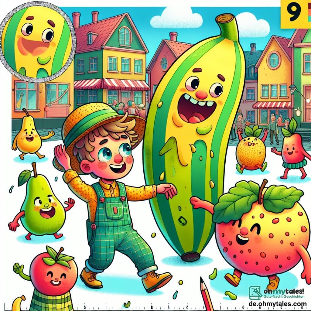 Une illustration sous forme de dessin destinée aux enfants représentant un marché coloré dans un petit village loufoque, avec un garçon de 9 ans aux cheveux ébouriffés et aux yeux pétillants, portant un immense chapeau en forme de melon, en train de danser joyeusement avec une banane souriante et anthropomorphe, tandis qu'autour d'eux, des fruits animés comme des pommes et des poires dansent également, créant une atmosphère festive et absurde où tous s'amusent à la recherche du chapeau perdu du garçon.