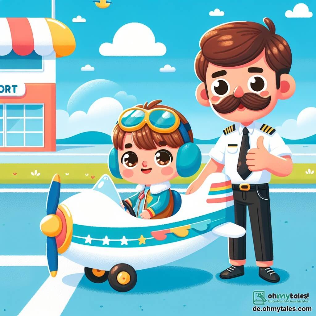 Une illustration sous forme de dessin destinée aux enfants représentant un petit aéroport ensoleillé avec un ciel bleu clair, où un jeune garçon aux cheveux bruns et aux yeux pétillants, vêtu d'une uniforme de pilote coloré, est assis dans un petit avion blanc aux rayures bleues, souriant et regardant à l'extérieur, tandis qu'un homme adulte, son professeur, avec une grande moustache et un sourire chaleureux, se tient à côté de l'avion, lui faisant signe d'encouragement, le tout capturant l'excitation et l'aventure de leur premier vol ensemble dans les nuages.