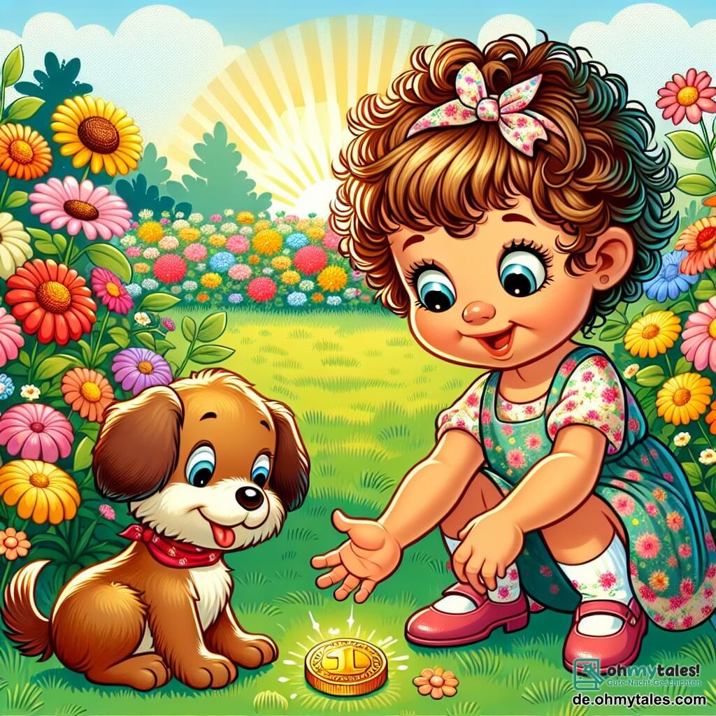 Une illustration sous forme de dessin destinée aux enfants représentant un jardin ensoleillé rempli de fleurs colorées, où une petite fille de 1 an aux cheveux bouclés et aux yeux pétillants, vêtue d'une robe à fleurs, s'accroupit joyeusement pour examiner une petite pièce de monnaie brillante dans l'herbe, tandis qu'à ses côtés, un chien brun aux grandes oreilles, avec un regard curieux, renifle une fleur rouge, capturant ainsi l'instant magique de leur découverte d'un trésor caché.