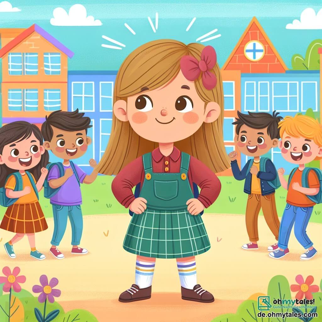 Une illustration destinée aux enfants représentant une jeune fille courageuse défendant une nouvelle élève contre des moqueries, entourée de ses amis joyeux, dans la cour de récréation d'une école colorée et accueillante.
