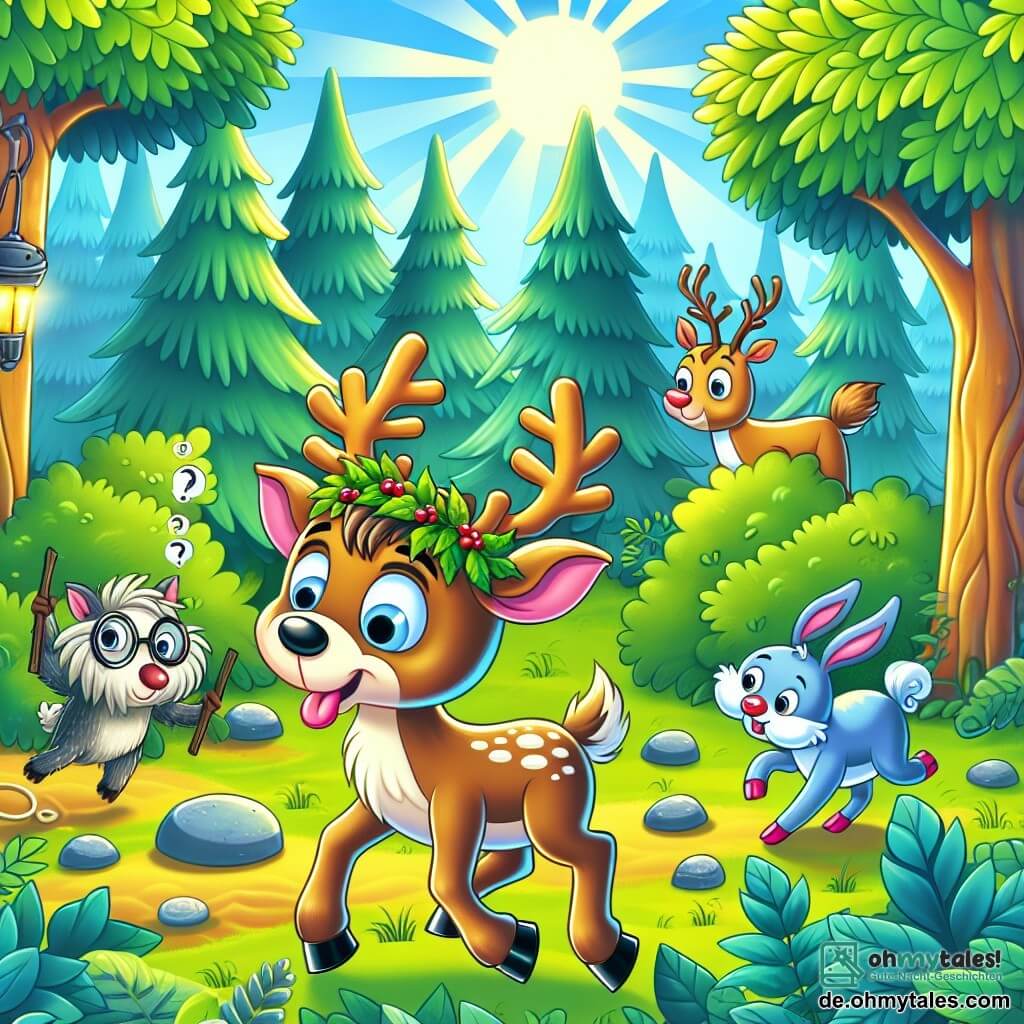 Une illustration destinée aux enfants représentant un renne distrait cherchant ses affaires, accompagné de ses amis animaux rigolos, dans une clairière ensoleillée et verdoyante de la forêt enchantée.