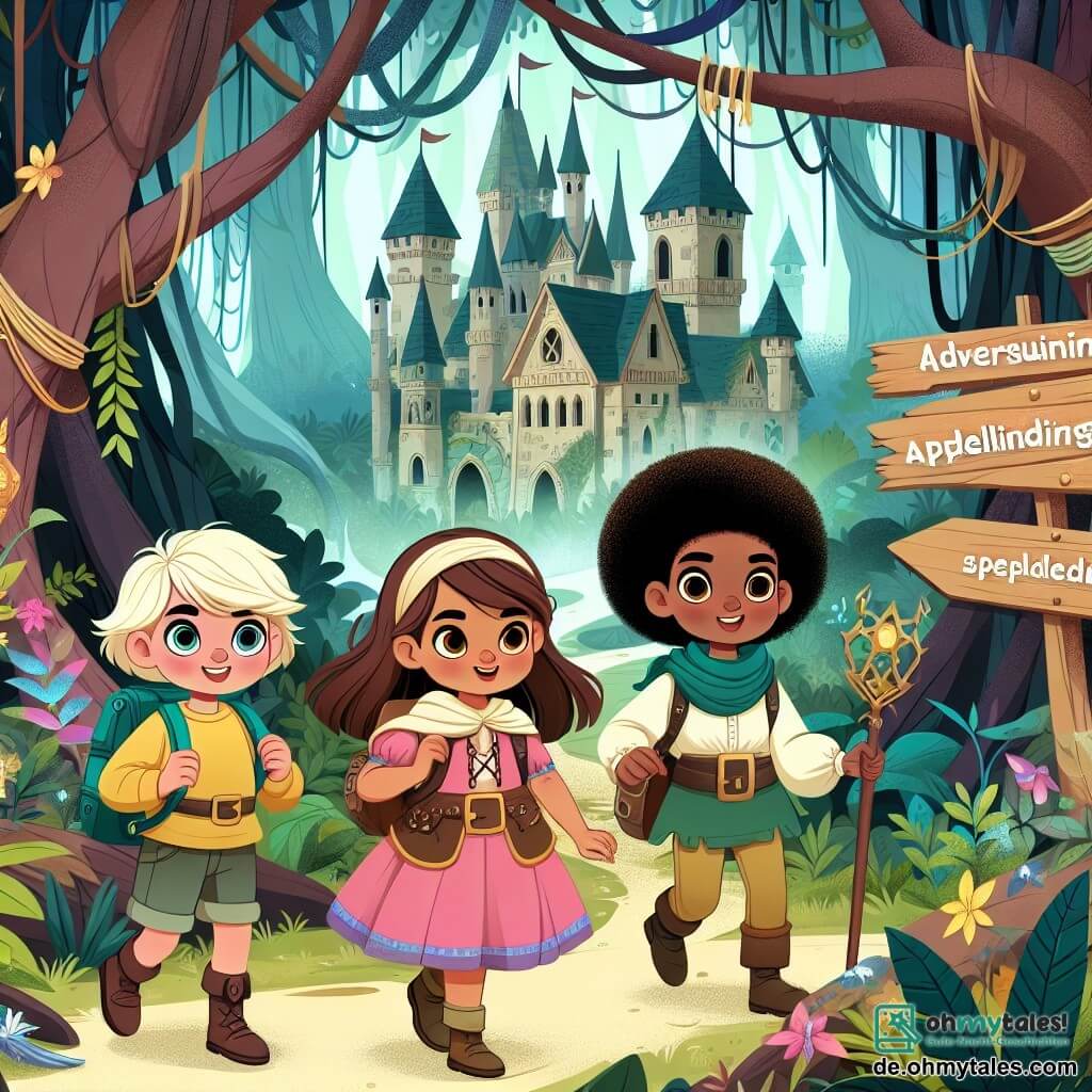 Une illustration destinée aux enfants représentant une petite fille courageuse et curieuse, accompagnée de ses amis, un garçon aventurier et une fille sage, explorant un mystérieux et enchanteur village abandonné envahi par la nature, caché au cœur d'une forêt dense et envoûtante.
