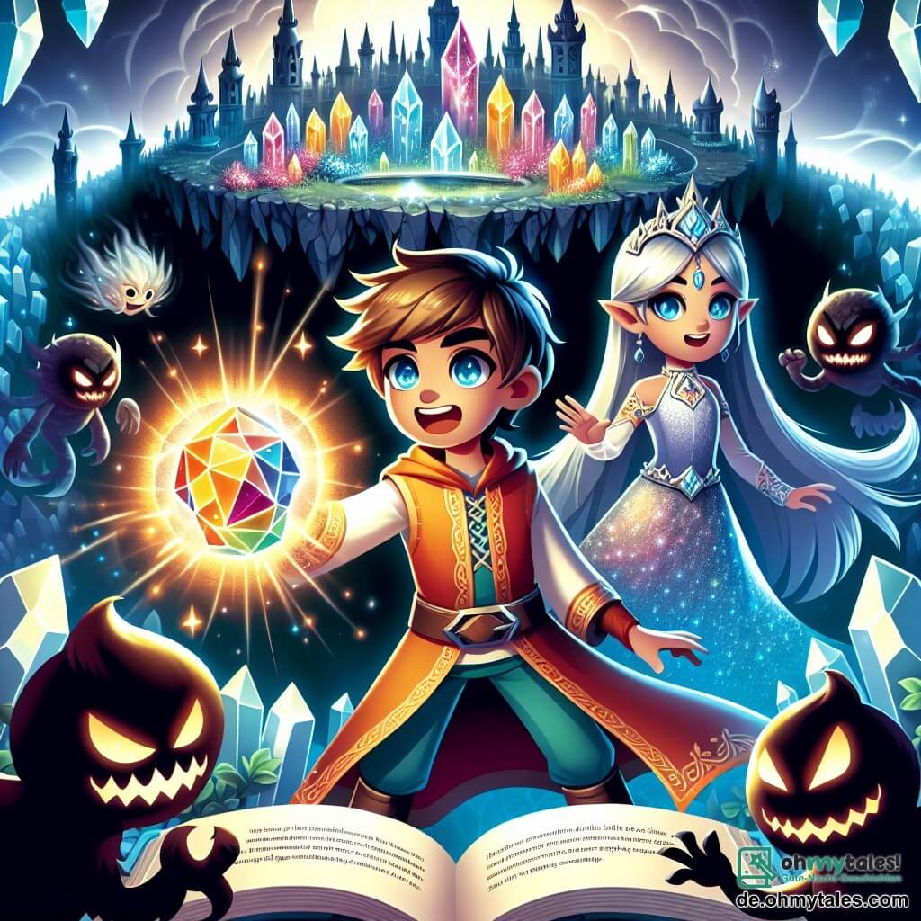 Une illustration sous forme de dessin destinée aux enfants représentant une ville fantastique de cristal flottant, baignée dans une lumière éclatante, où un garçon de 11 ans aux cheveux bruns et aux yeux pétillants, vêtu d'une tunique colorée, brandit un mystérieux portail en pierre lumineuse, tandis qu'à ses côtés, une fille aux longs cheveux argentés et aux yeux brillants, vêtue d'une robe scintillante, l'encourage avec un sourire déterminé, alors qu'ils se préparent à affronter des créatures d'ombre menaçantes qui surgissent des ténèbres, symbolisant la lutte entre la magie et la technologie.