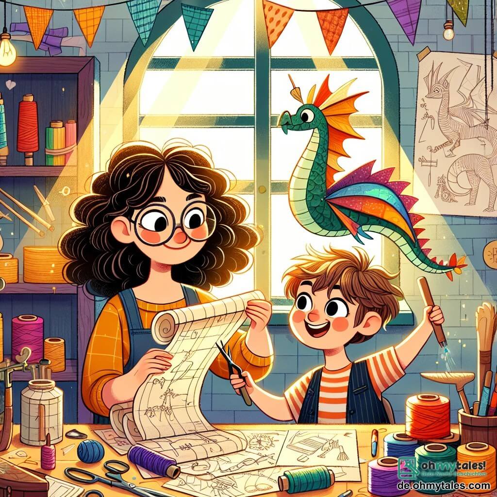 Une illustration sous forme de dessin destinée aux enfants représentant une charmante et colorée atelier d'invention, rempli de matériaux divers comme des fils, des outils et des tissus éclatants, où une femme aux cheveux bouclés et aux lunettes rondes, souriante et concentrée, assemble un grand et joyeux dragon en papier, tandis qu'un garçon aux yeux pétillants et aux cheveux en bataille, vêtu d'un t-shirt rayé, l'aide avec enthousiasme en tenant un rouleau de tissu, le tout dans une ambiance de créativité et d'amitié, avec des éclats de lumière filtrant par la fenêtre et des croquis de nouvelles inventions accrochés aux murs.
