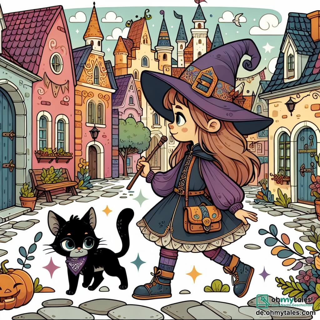Une illustration destinée aux enfants représentant une jeune apprentie sorcière, accompagnée de son fidèle chat noir, explorant les rues pavées et colorées de la ville magique de Fabelia.