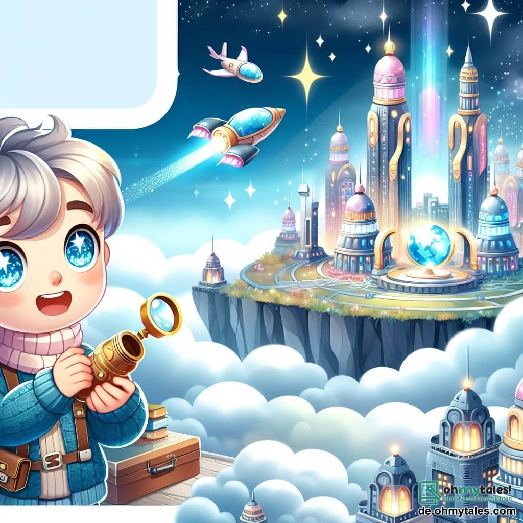 Une illustration destinée aux enfants représentant un garçon aux yeux pétillants, découvrant un artefact mystérieux avec l'aide d'une fille aux cheveux argentés, dans la ville futuriste de Lumina, flottant au-dessus des nuages avec ses tours scintillantes et ses véhicules volants.