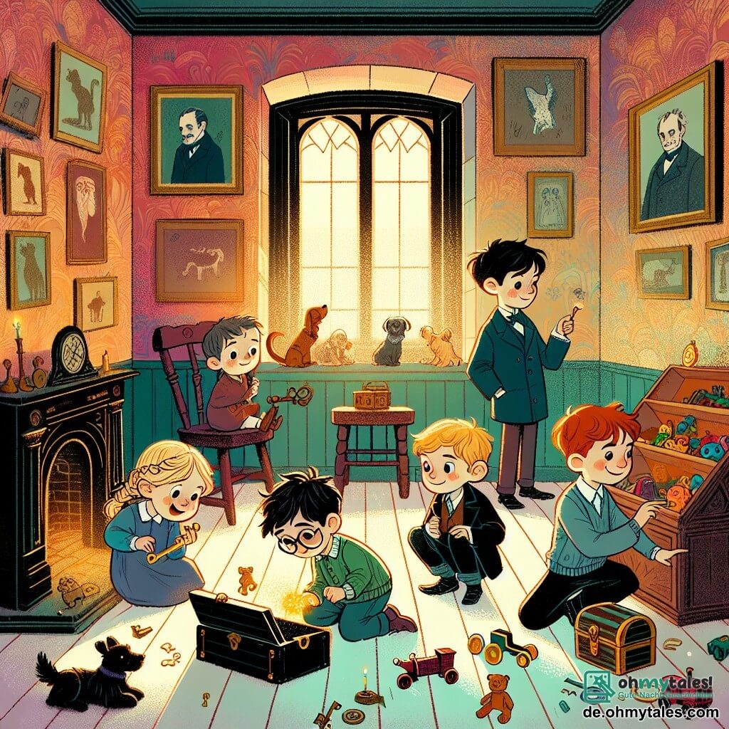 Illustration einer Szene in einem alten, geheimnisvollen Herrenhaus. Die Wände sind mit verblasstem Tapeten bedeckt, und Spinnweben hängen in den Ecken. Sanftes Licht strömt durch ein staubiges Fenster und beleuchtet alte Spielzeuge, die auf dem Boden verstreut sind. Im Mittelpunkt stehen vier Kinder: ein 8-jähriger Junge mit zerzausten braunen Haaren und runden Brillen, der einen kleinen glänzenden Schlüssel in der Hand hält; ein 7-jähriges Mädchen mit geflochtenem blonden Haar, das fasziniert ein altes Holzspielzeug betrachtet; ein 9-jähriger Junge mit schwarzen Haaren und einem schelmischen Lächeln, der auf ein Bild an der Wand zeigt; und ein anderer 8-jähriger Junge mit kastanienbraunen Haaren, der sich bückt, um eine alte Truhe zu untersuchen. Die Hauptsituation zeigt die Kinder, die begeistert die Entdeckungen in diesem Raum voller vergessener Erinnerungen erkunden. Zusätzliche grafische Elemente umfassen Bilder von Hunden an den Wänden, bunte Spielzeuge und eine alte Holzkiste, die der Illustration ein Gefühl von Abenteuer und Geheimnis verleihen.