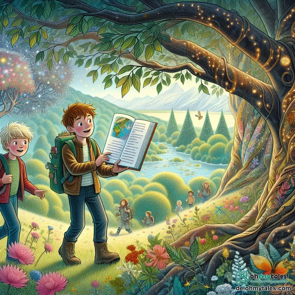 Une illustration destinée aux enfants représentant un garçon curieux découvrant un livre sur le changement climatique dans une forêt enchantée, accompagné de son meilleur ami, un garçon aventurier, au milieu d'arbres majestueux aux feuilles chatoyantes et de fleurs multicolores.