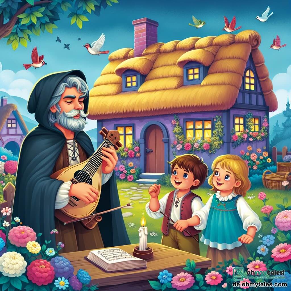 Une illustration destinée aux enfants représentant un mystérieux musicien (homme) jouant de la musique envoûtante, accompagné de deux enfants curieux (une fille et un garçon) dans une petite maison colorée au toit de chaume, entourée de fleurs et d'oiseaux chantants, dans la paisible ville de Dornheim.