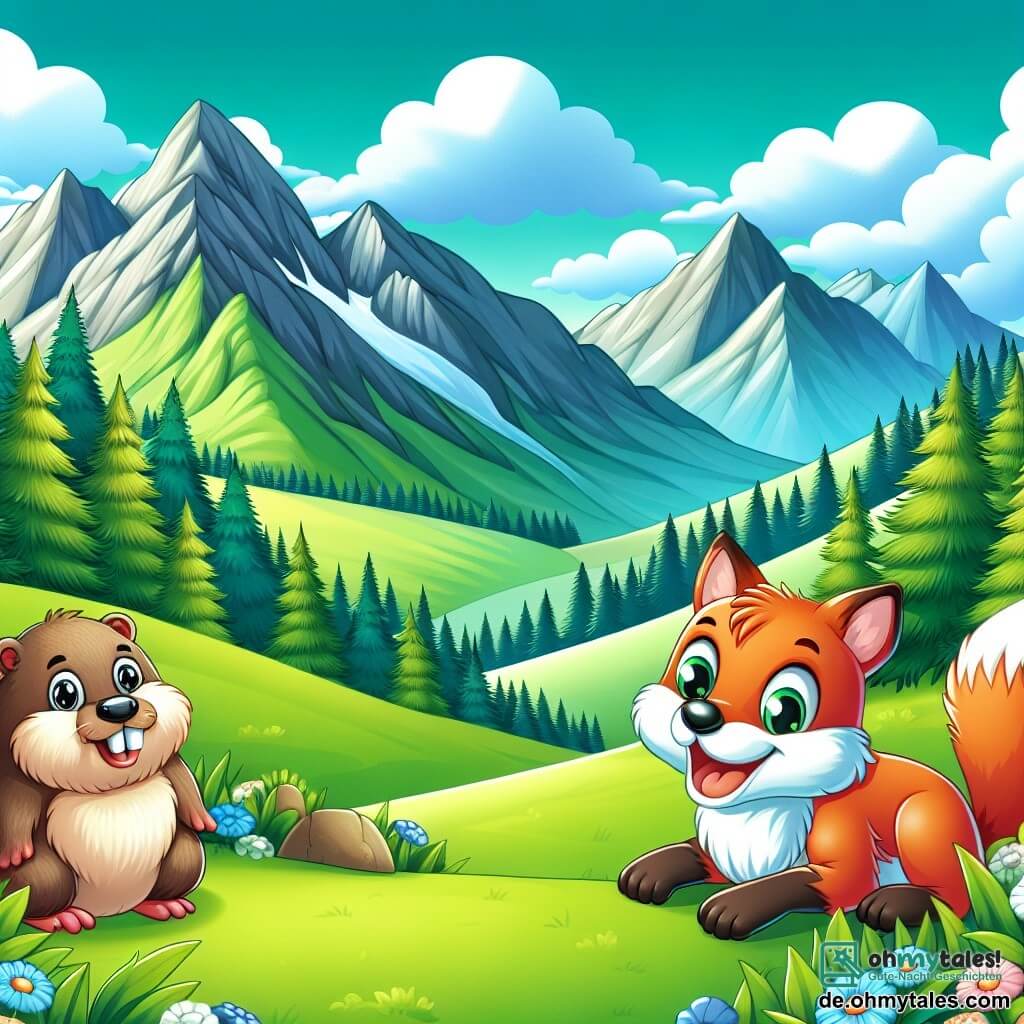 Une illustration destinée aux enfants représentant une marmotte espiègle, un petit renard curieux, dans une vallée verdoyante entourée de montagnes majestueuses, où se déroulent des aventures pleines de rires et de surprises.