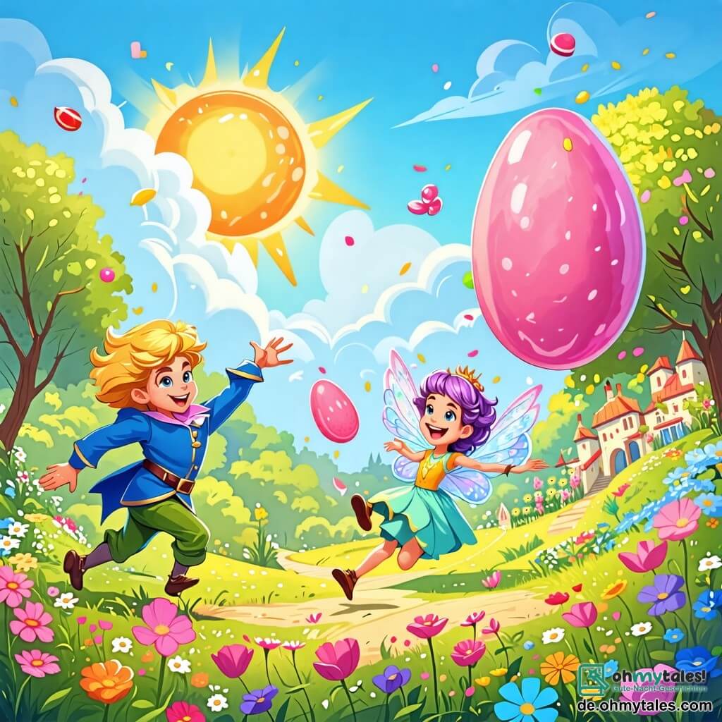 Une illustration sous forme de dessin destinée aux enfants représentant un jardin enchanté du royaume Glitzerglück, rempli de fleurs colorées et de bonbons géants, où un prince aux cheveux dorés et au sourire éclatant, vêtu d'une tunique bleue et d'un pantalon vert, court joyeusement derrière une énorme Zuckermelone rose qui rebondit, tandis qu'une petite elfe aux ailes scintillantes et aux cheveux violets, vêtue d'une robe en pétales de fleurs, tente de l'attraper avec un air espiègle, le tout sous un ciel ensoleillé et parsemé de nuages en forme de bonbons.