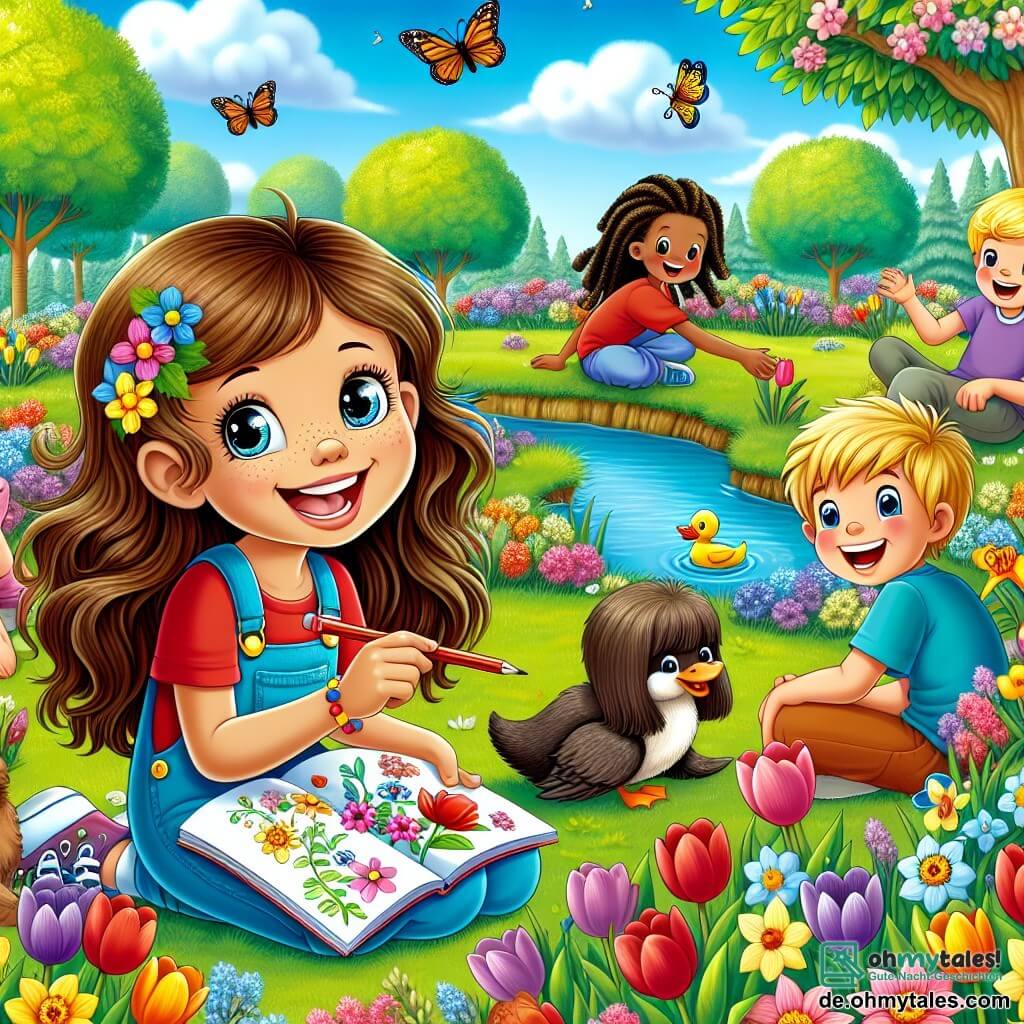 Eine Illustration zeigt einen lebhaften Park im Frühling, gefüllt mit bunten Blumen wie Tulpen und Narzissen, mit Bäumen mit leuchtend grünen Blättern und einem kleinen Teich, in dem Enten schwimmen. In der Mitte sitzt ein 11-jähriges Mädchen mit langen braunen Haaren und funkelnden Augen auf dem Gras, mit einem breiten Lächeln, während sie ein kleines Notizbuch und einen Bleistift hält und die Blumen um sich herum zeichnet. In der Nähe spielt eine Gruppe von drei Kindern, zwei Jungen und einem Mädchen, im Alter von etwa 10 bis 12 Jahren: Einer der Jungen hat blonde Haare und trägt ein rotes T-Shirt, er zeigt seinen Freunden eine Libelle; das Mädchen mit schwarzen Zöpfen und einem Blumenkleid lacht, während sie einem anderen Jungen mit braunen Haaren zuhört, der eine Frühlingstradition erklärt. Die Szene strahlt eine fröhliche und freundliche Atmosphäre aus, mit Schmetterlingen, die umherfliegen, und einem hellblauen Himmel, der mit einigen weißen Wolken übersät ist.