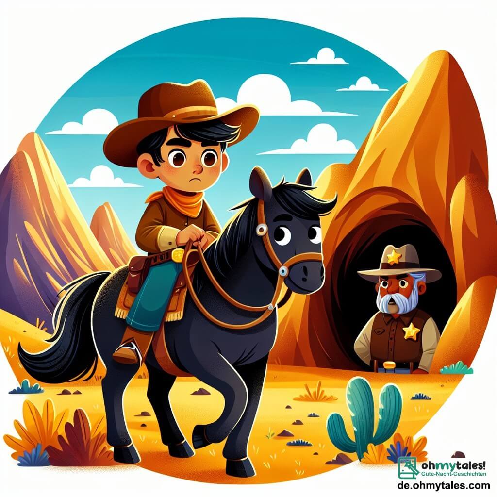 Une illustration sous forme de dessin destinée aux enfants représentant un paysage du Far West avec des collines dorées sous un ciel bleu éclatant, où un jeune homme cowboy, aux cheveux bruns et au chapeau de cowboy, monte fièrement son cheval noir, tandis qu'un vieux sheriff, avec une moustache grise et un badge brillant, se tient à ses côtés, inquiet mais reconnaissant, alors qu'ils se préparent à affronter un grand ours brun qui émerge d'une grotte sombre, symbolisant le courage et l'amitié dans une aventure palpitante.
