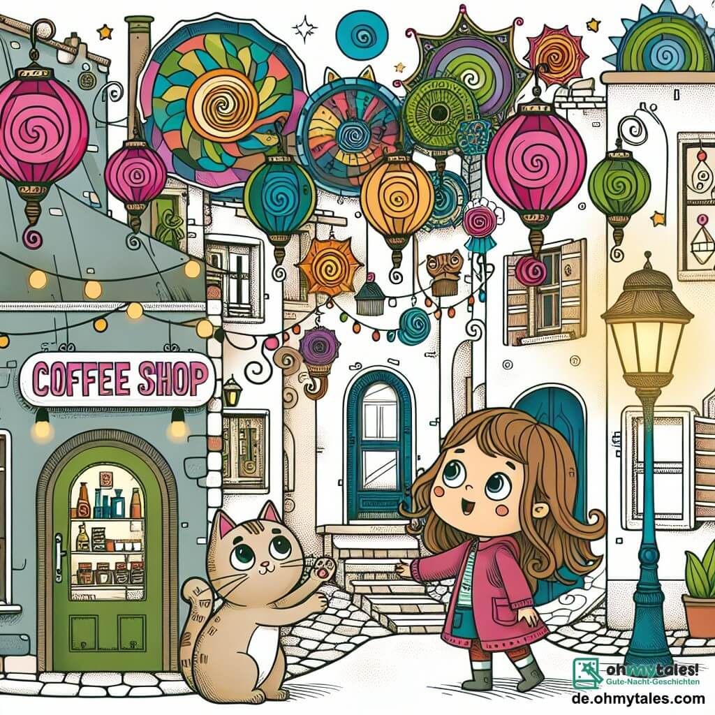 Une illustration destinée aux enfants représentant une petite fille curieuse découvrant un café magique, accompagnée d'une chatte parlante, dans une rue aux bâtiments aux spirales colorées et aux lanternes lumineuses de toutes les couleurs, cachée derrière une vieille mûr de la ville de Sonnenblick.