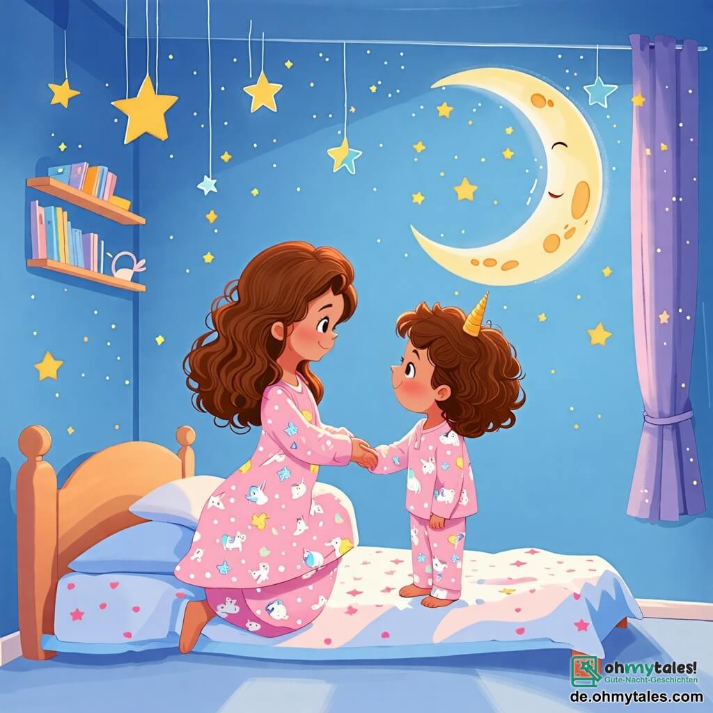 Une illustration sous forme de dessin destinée aux enfants représentant une chambre chaleureuse et accueillante, avec des murs peints en bleu pastel et des étoiles brillantes collées au plafond, où une petite fille de 2 ans aux cheveux bouclés et aux yeux pétillants, vêtue d'un pyjama rose avec des motifs de licornes, se tient debout près de son lit, regardant avec curiosité le grand et lumineux croissant de lune par la fenêtre, tandis que sa maman, une femme douce aux cheveux châtains et au sourire apaisant, s'agenouille à ses côtés pour lui tenir la main, créant une atmosphère rassurante qui chasse la peur du noir.