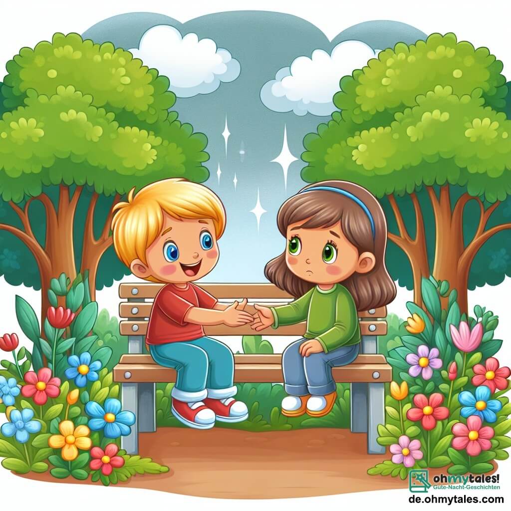 Une illustration destinée aux enfants représentant un petit garçon joyeux rencontrant une fille triste sur un banc de parc entouré de fleurs colorées et d'arbres verdoyants, créant ainsi une amitié forte et pleine d'aventures.