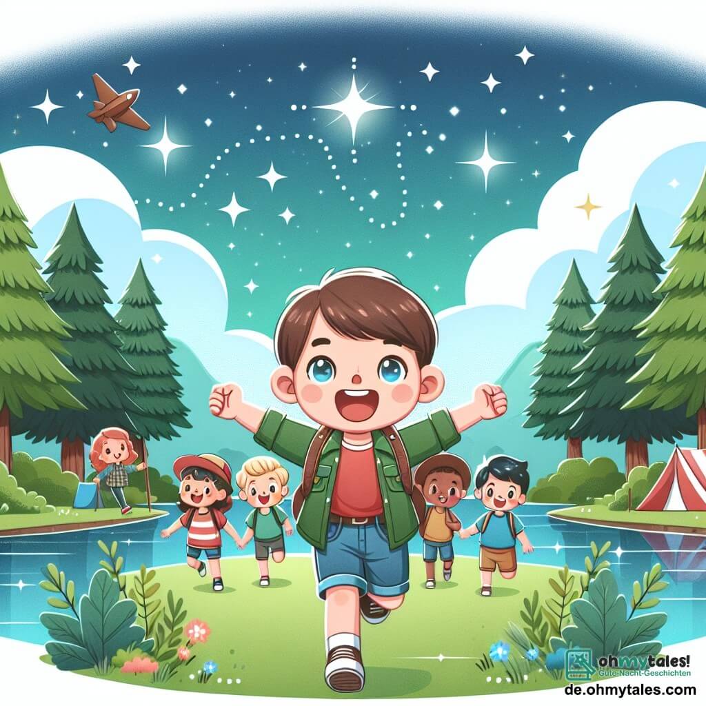 Une illustration destinée aux enfants représentant un garçon enthousiaste partant à l'aventure avec ses amis lors d'un camp d'été magique, entouré de hauts arbres verts, d'un lac scintillant et d'un ciel étoilé étincelant.