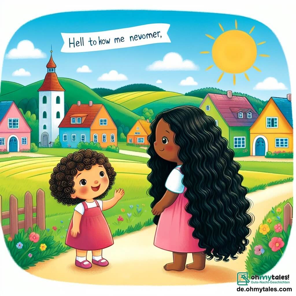 Une illustration destinée aux enfants représentant une petite fille aux boucles brunes, faisant connaissance avec une nouvelle venue au longs cheveux noirs, dans un village pittoresque nommé Sonnenfeld, où les maisons colorées et les champs verdoyants s'étendent à perte de vue.
