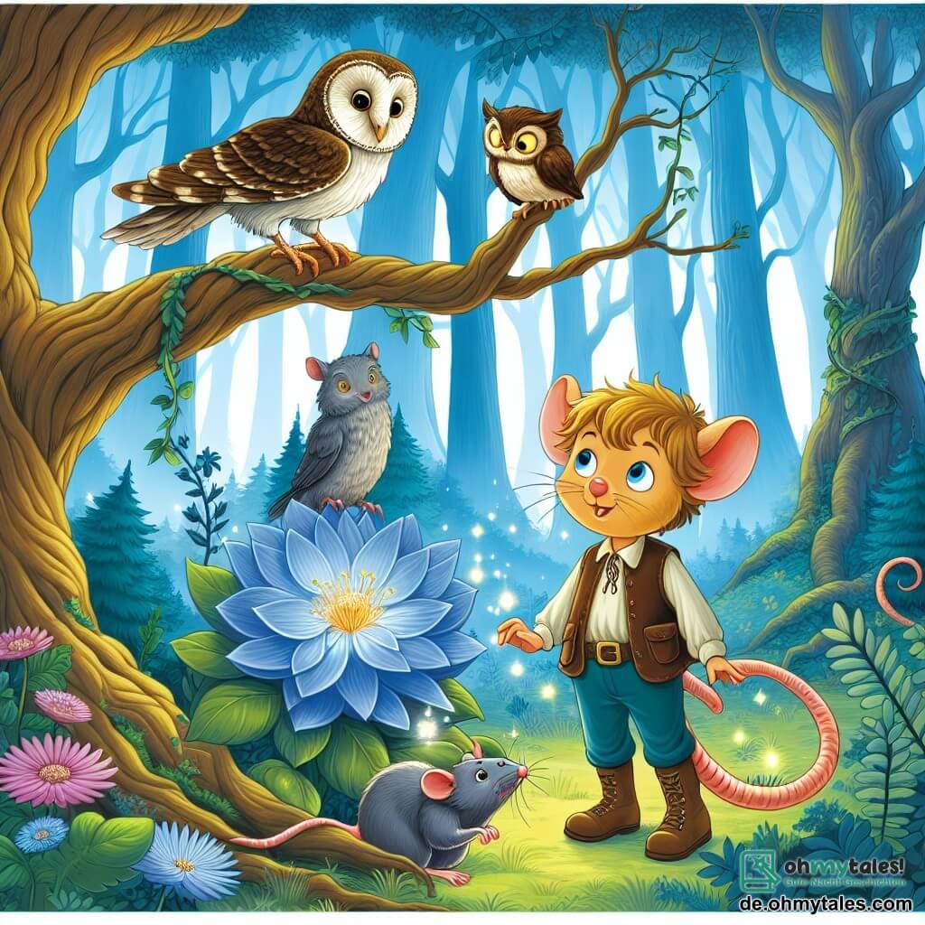Une illustration destinée aux enfants représentant une jeune ratte maline se tenant devant une mystérieuse fleur bleue enchantée, accompagnée d'un sage vieux hibou perché sur une branche d'une majestueuse et ancienne chêne au cœur d'une forêt dense et mystique.