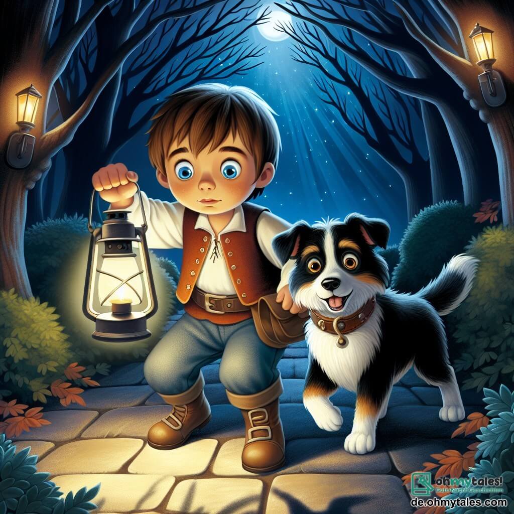 Une illustration destinée aux enfants représentant un garçon aux cheveux bruns et aux yeux bleus, confronté à sa peur de la nuit, accompagné de son fidèle chien Balu, dans un jardin sombre et mystérieux, éclairé seulement par la lueur d'une vieille lanterne.