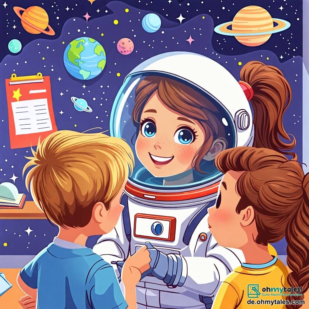 Une illustration sous forme de dessin destinée aux enfants représentant une scène colorée dans une salle de classe futuriste, où une astronaute femme en combinaison spatiale blanche avec un casque transparent et des cheveux bruns attachés en queue de cheval explique avec enthousiasme le voyage dans l'espace, entourée de deux enfants : un garçon aux cheveux blonds et aux yeux pétillants, qui l'écoute avec admiration, et une fille aux cheveux bouclés et bruns, qui lève la main pour poser une question, tandis qu'à l'arrière-plan, des posters de planètes et d'étoiles décorent les murs, créant une atmosphère d'émerveillement et de curiosité.