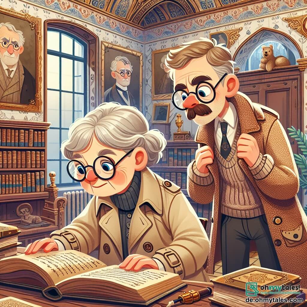 Une illustration sous forme de dessin destinée aux enfants représentant l'intérieur d'une grande villa ancienne avec des murs ornés de tableaux, où une femme âgée aux cheveux gris et aux lunettes rondes, vêtue d'un trench-coat beige, examine attentivement un vieux livre sur un bureau en bois, tandis qu'un homme d'âge moyen, avec une moustache et un pull en laine, regarde avec curiosité par-dessus son épaule, alors qu'ils découvrent ensemble un mystérieux secret caché dans la pièce, entourés de livres poussiéreux et d'une atmosphère intrigante.