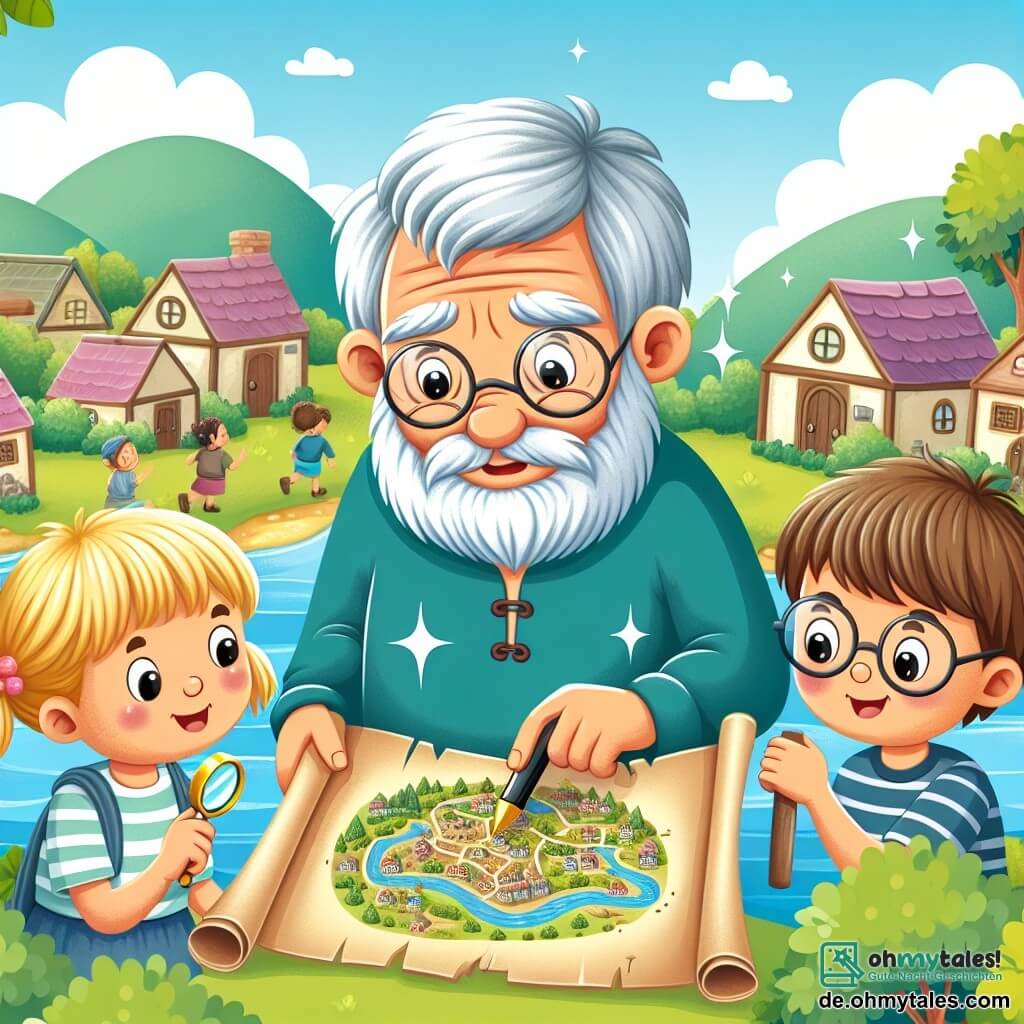 Une illustration destinée aux enfants représentant un homme au visage ridé et aux cheveux gris, découvrant une ancienne carte au trésor avec l'aide de deux enfants curieux, une fille aux couettes blondes et un garçon aux lunettes rondes, dans un village pittoresque entouré de verdoyantes collines et d'une rivière scintillante.