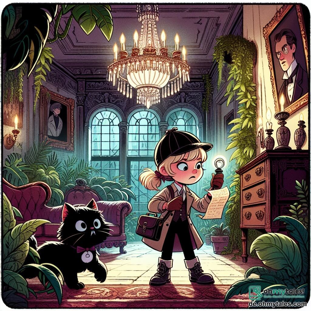 Une illustration destinée aux enfants représentant une jeune détective intrépide (fille) découvrant un mystérieux message dans un vieux manoir hanté, accompagnée de son fidèle chat noir (garçon) et évoluant dans un décor sombre et mystique avec des portraits anciens aux yeux qui semblent la suivre, des chandeliers en cristal illuminant des couloirs sombres et un jardin luxuriant envahi par des plantes carnivores.