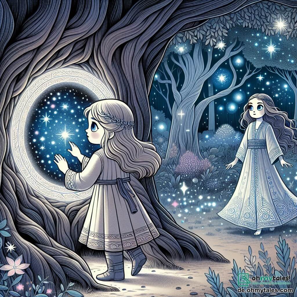 Une illustration destinée aux enfants représentant une fille aux yeux étoilés découvrant un portail scintillant dans un ancien arbre, accompagnée de Zephyra, une femme vêtue d'une robe brillante, sur une clairière magique entourée de nébuleuses chatoyantes et de constellations scintillantes.