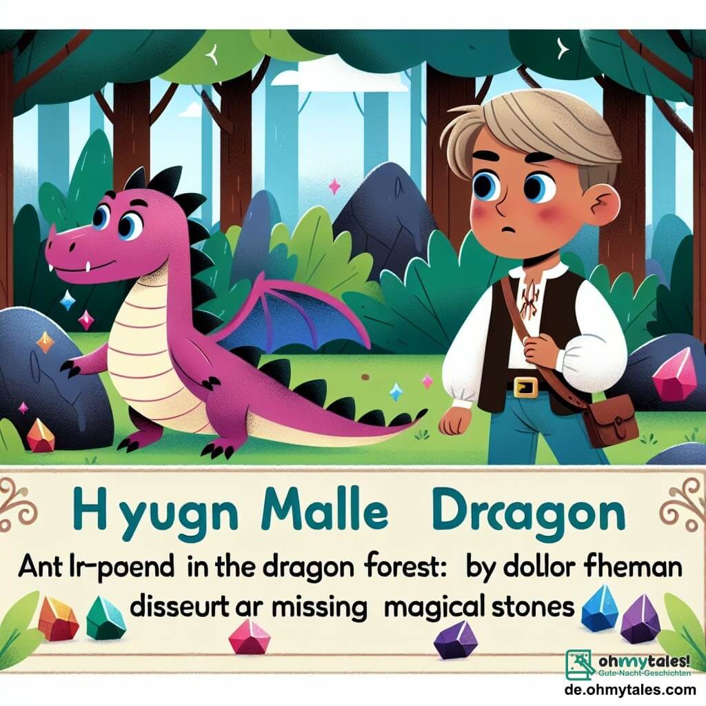Une illustration destinée aux enfants représentant un jeune dragon garçon dans le Drachenwald, accompagné de son ami humain garçon, découvrant un mystère coloré avec des pierres magiques disparues.