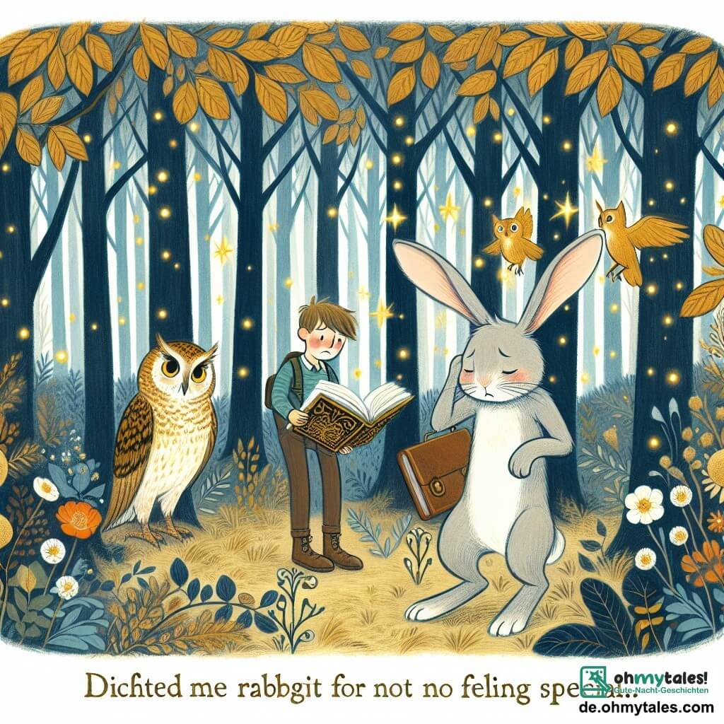 Une illustration destinée aux enfants représentant un jeune lapin garçon, triste de ne pas se sentir spécial, découvrant un vieux livre magique avec l'aide d'une sage chouette femelle, dans un dense et enchanteur bois de hêtres aux feuilles dorées et aux fleurs scintillantes.