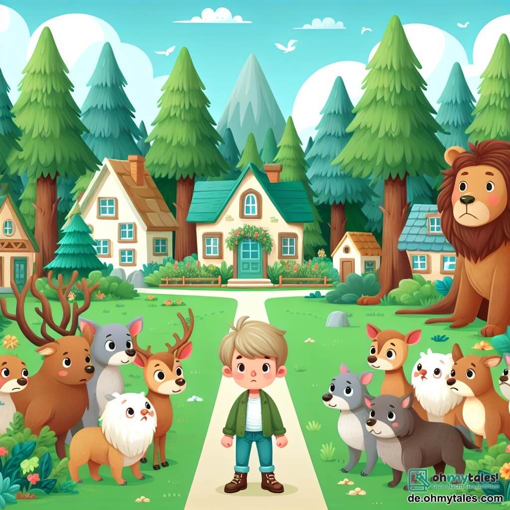 Une illustration destinée aux enfants représentant un petit garçon courageux se tenant devant un groupe d'animaux inquiets, entourés de grands arbres majestueux, dans un village pittoresque au bord d'une forêt enchantée.