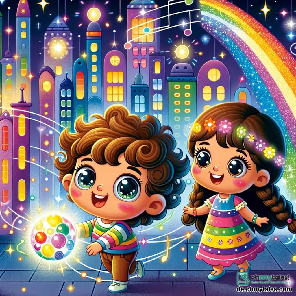 Une illustration sous forme de dessin destinée aux enfants représentant une ville futuriste aux maisons brillantes et colorées, où un garçon de 3 ans aux grands yeux pétillants et aux cheveux bouclés danse joyeusement sous une pluie de lumières scintillantes, tandis qu'une petite fille aux cheveux longs et tressés, vêtue d'une robe colorée, l'encourage en souriant, et une petite sphère lumineuse flottante, la couleurs de l'arc-en-ciel, chante une mélodie joyeuse, symbolisant l'aventure et la magie de l'amitié dans ce monde enchanteur.