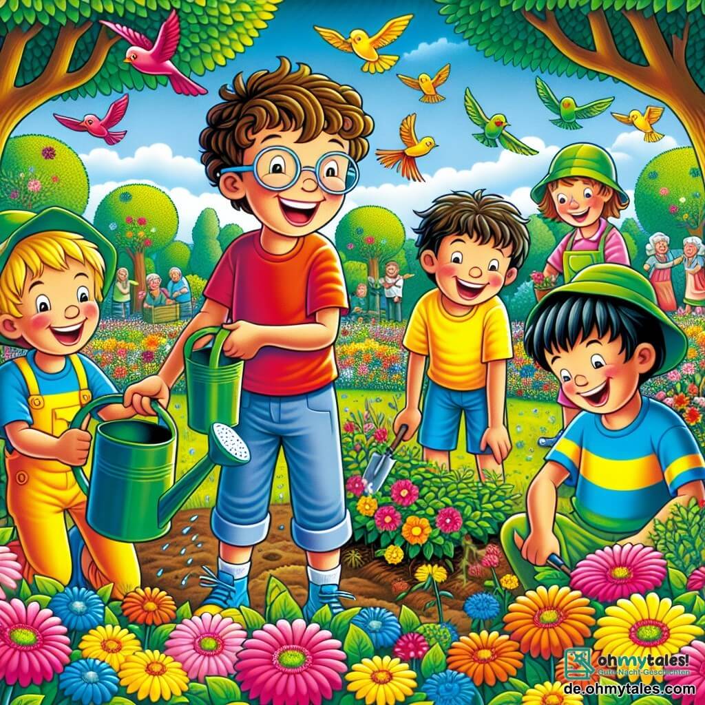 Illustration eines lebhaften und bunten Parks, gefüllt mit strahlenden Blumen in Rosa-, Gelb- und Blautönen, sowie großen Bäumen mit üppigem grünem Laub. In der Mitte arbeiten vier Jungen im Alter von etwa 8 bis 10 Jahren, die alle lächeln und voller Energie sind, zusammen. Einer der Jungen mit braunen Haaren und Brille trägt ein rotes T-Shirt und gießt eine Pflanze mit einer Gießkanne. Ein anderer Junge mit lockigen blonden Haaren trägt ein blaues T-Shirt und sammelt mit einem breiten Lächeln Müll auf. Der dritte Junge mit schwarzen Haaren und einer grünen Mütze gräbt mit einer kleinen Schaufel in der Erde, während der letzte Junge mit braunen Haaren und einem gelben T-Shirt die Vögel beobachtet, die in die Bäume zurückkehren. Im Hintergrund fliegen farbenfrohe Vögel fröhlich umher, und Erwachsene aus dem Dorf, die am Rand sichtbar sind, beginnen, sich ihnen anzuschließen, um zu helfen. Die Atmosphäre ist fröhlich und dynamisch und symbolisiert Einheit und Engagement für den Schutz der Natur.