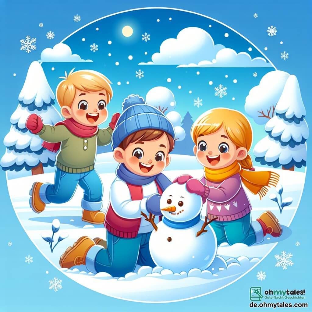 Une illustration destinée aux enfants représentant un garçon plein d'énergie, une journée de jeux dans la neige avec ses amis, une fille et un garçon, dans un parc enneigé avec un magnifique ciel bleu et des arbres recouverts de blanc manteau.