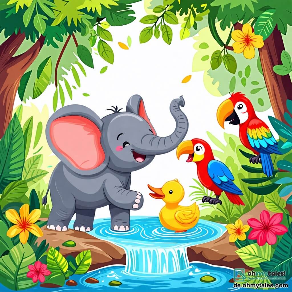 Une illustration sous forme de dessin destinée aux enfants représentant un vibrant dschungel tropical avec des arbres aux feuilles vertes luxuriantes et des fleurs colorées, où un petit éléphant gris aux grandes oreilles et un sourire joyeux joue dans l'eau d'un ruisseau, tandis qu'une frétillante canard jaune et un joyeux perroquet aux plumes multicolores les rejoignent, tous ensemble en train de s'amuser et de rire, symbolisant l'amitié et la joie de partager des moments ensemble.