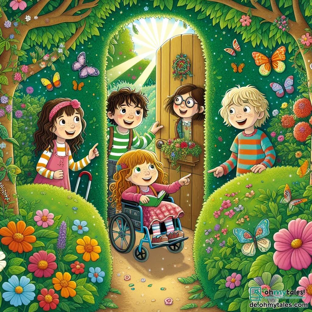 Eine Illustration zeigt einen geheimen Garten voller bunter Blumen und großer, grüner Bäume, mit einem kleinen, gewundenen Erdweg, der durch blühende Sträucher führt. In der Mitte steht eine Gruppe von vier Kindern: ein sechsjähriges Mädchen mit langen, lockigen Haaren und einem rosa Kleid, das lächelt und ein aufgeschlagenes Buch hält; ein sechsjähriger Junge mit Sommersprossen, zerzausten braunen Haaren und einem gestreiften T-Shirt, der mit dem Finger auf eine kleine, in der Hecke versteckte Tür zeigt; ein sechsjähriges Mädchen mit runden Brillen und einem gemusterten Kittel, das eine Schere und bunte Stoffstücke hält; und ein siebenjähriger Junge im Rollstuhl, der mit einem großen Lächeln und blonden Haaren aufmerksam die Szene beobachtet. Gemeinsam entdecken sie einen geheimen Durchgang zu einer mysteriösen Ecke des Gartens, umgeben von bunten Schmetterlingen und Sonnenstrahlen, die durch die Blätter filtern. Zusätzliche Details umfassen strahlende Blumen, summende Insekten und eine fröhliche Atmosphäre von Abenteuer und Freundschaft.