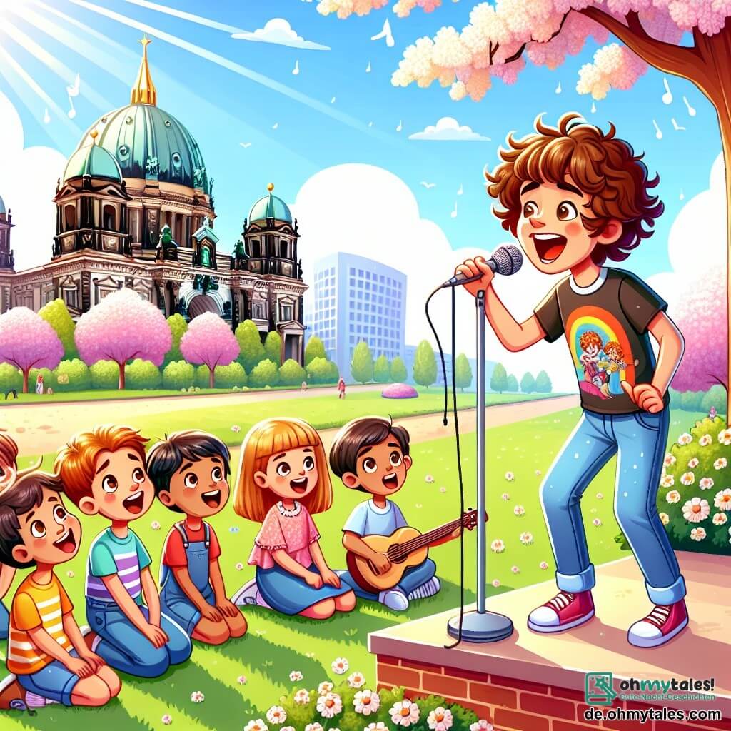 Une illustration sous forme de dessin destinée aux enfants représentant un parc ensoleillé à Berlin, avec des arbres en fleurs et une petite scène de concert, où un jeune homme aux cheveux bruns et bouclés, vêtu d'un t-shirt coloré et d'un jean, chante avec passion dans un microphone, tandis qu'un groupe d'enfants, principalement des garçons et des filles aux visages émerveillés, l'écoute attentivement, certains tenant des instruments de musique, capturant l'instant magique où la musique unit les cœurs et inspire les rêves.