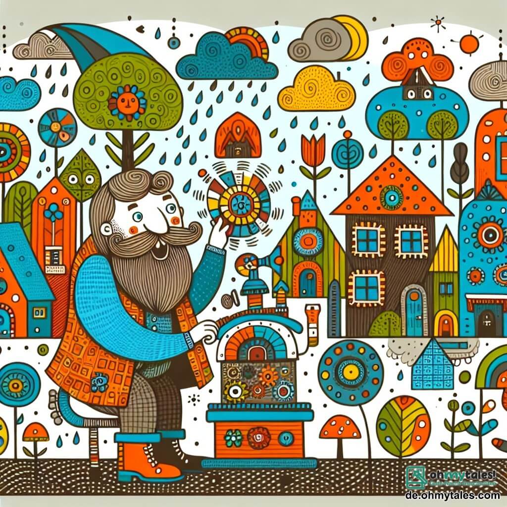 Une illustration destinée aux enfants représentant un homme excentrique à la barbe touffue, inventant une machine météorologique farfelue, sous le regard amusé d'un voisin homme chauve, dans un petit village coloré rempli de maisons en forme de champignons et de fleurs.