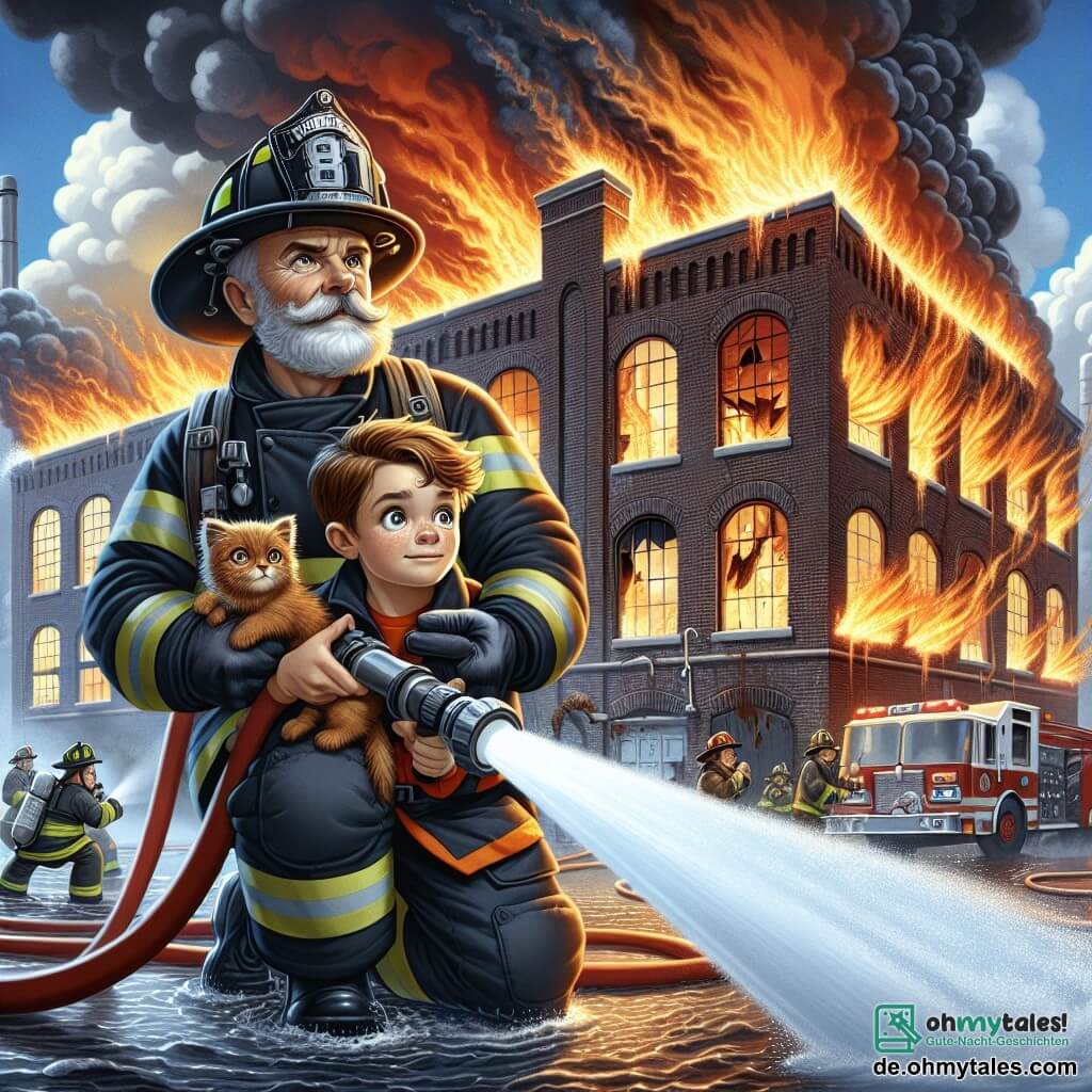 Illustration einer dramatischen Szene in einer alten Fabrik, die brennt, mit von Rauch geschwärzten Ziegelmauern und zerbrochenen Fenstern, aus denen lebhafte Flammen schlagen. Im Vordergrund ein kräftiger Mann in einem glänzenden Feuerwehrhelm und einer roten Uniform mit reflektierenden Streifen, der einen starken Wasserstrahl aus einem dicken Schlauch leitet. Sein Gesicht ist entschlossen, mit von Erfahrung geprägten Zügen und einem gepflegten Bart. Neben ihm ein etwa elfjähriger Junge mit kastanienbraunen Haaren und weit aufgerissenen Augen, der bewundernd seinen Vater beobachtet und ein zitterndes Kätzchen in seinen Armen hält, sein Gesicht zeigt sowohl Besorgnis als auch Stolz. Im Hintergrund sind weitere Feuerwehrleute beschäftigt, die schwere Ausrüstung tragen und mit Feuerwehrschläuchen die Flammen bekämpfen. Rauchwolken steigen in den blauen Himmel auf und kontrastieren mit dem Rot und Orange der Flammen, was eine zugleich intensive und heroische Atmosphäre schafft.