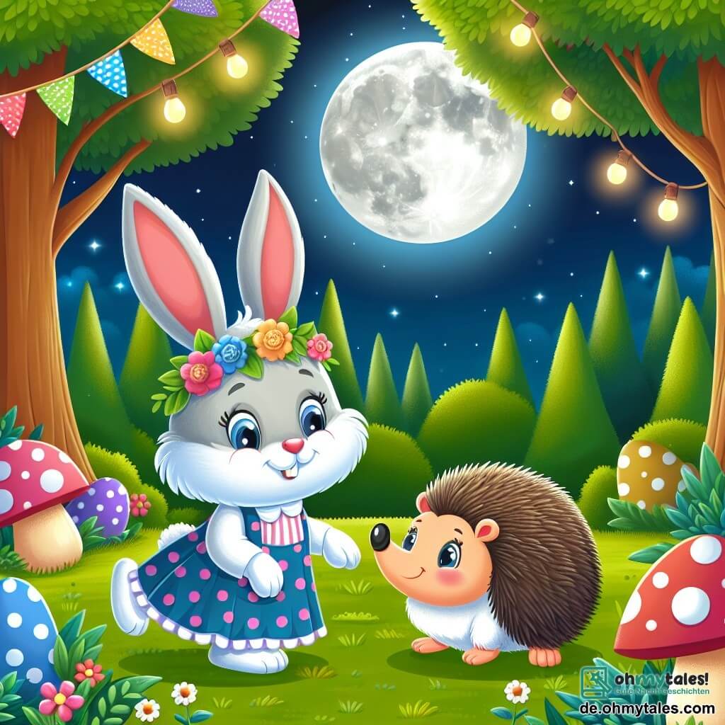Une illustration destinée aux enfants représentant un petit lapin curieux se liant d'amitié avec un hérisson timide lors d'une fête colorée sous le lumineux clair de lune dans une clairière enchantée du bois.