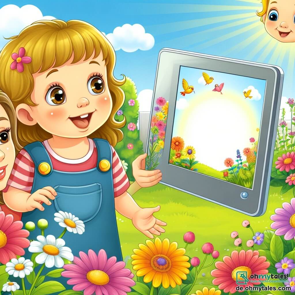 Une illustration destinée aux enfants représentant une petite fille curieuse, captivée par un écran lumineux, accompagnée de sa maman souriante, dans un jardin ensoleillé avec des fleurs colorées et des oiseaux chantants.