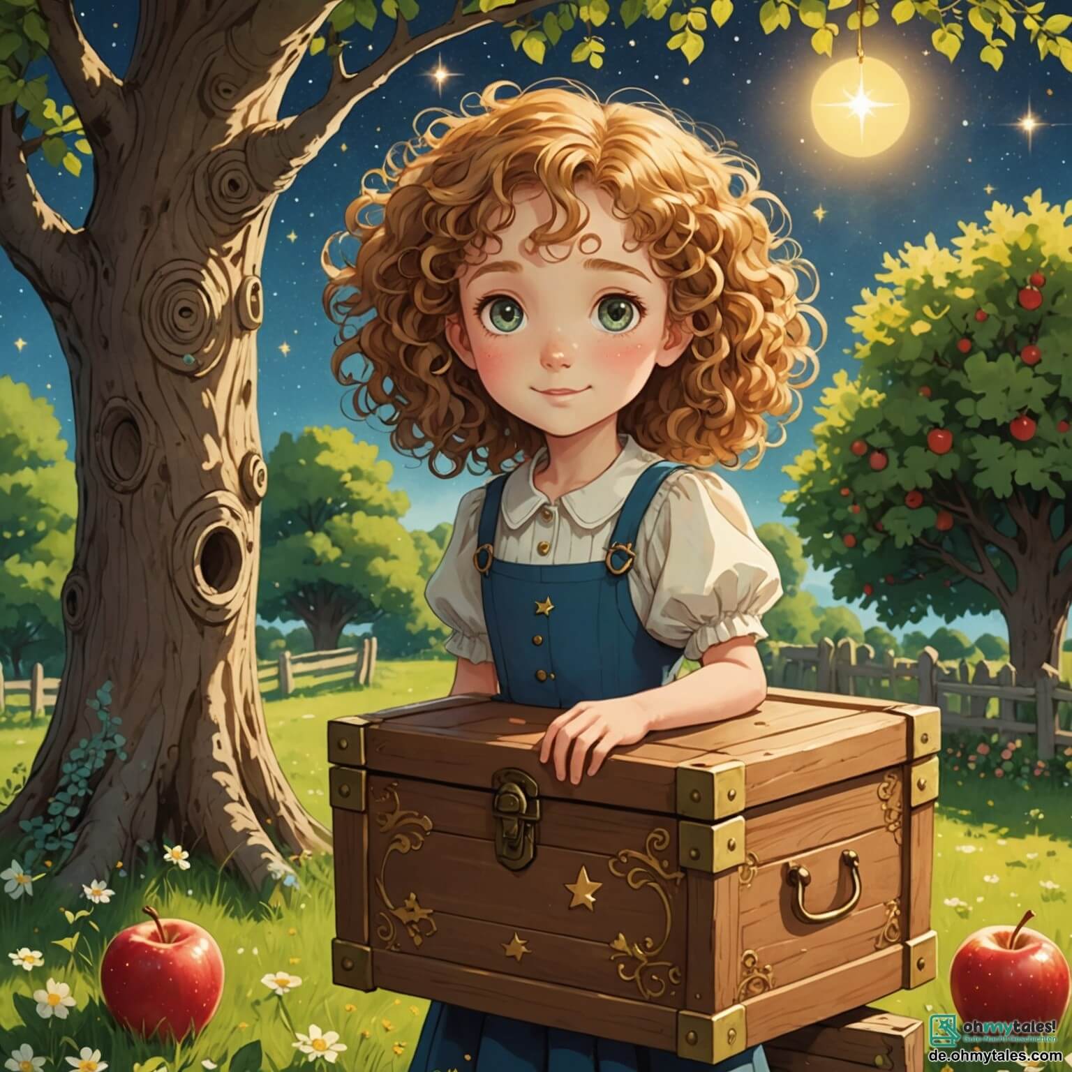 Une illustration destinée aux enfants représentant une petite fille aux cheveux bouclés et pétillants, avec des yeux brillants de curiosité, se tenant devant une mystérieuse kiste en bois doré ornée d'étoiles scintillantes, cachée sous un vieux pommier dans le jardin ensoleillé de ses grands-parents, où elle s'apprête à vivre une aventure incroyable à travers le temps, rencontrant en chemin un jeune garçon au sourire éclatant et à la casquette rouge, qui devient son ami dans ce voyage fantastique à la découverte de l'enfance de son grand-père, tout en explorant un monde de forêts luxuriantes, de fleurs colorées et de cieux azurés, remplis de promesses d'histoires à raconter.